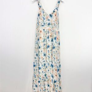 Penelope Rose White Blue Peach Floral V Neck Tiered Maxi Tank Dress NEW